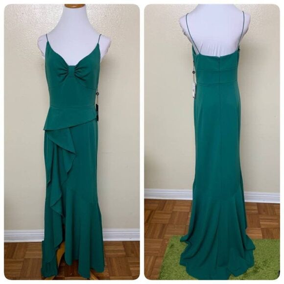 Adrianna Papell Ruffled Cascade Formal Dress Size 4 High Low Green V Neck $189 - Picture 1 of 11
